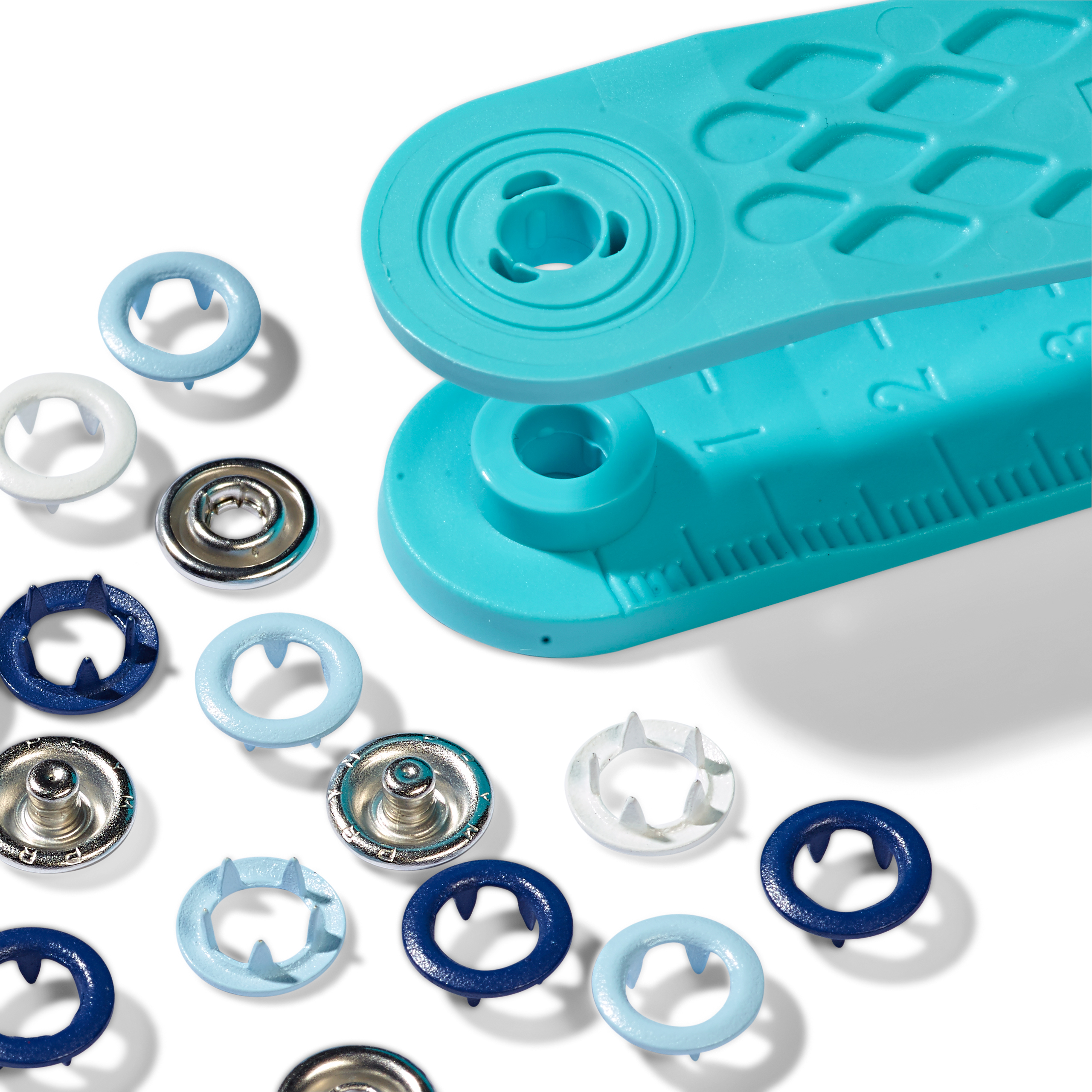 Nähfrei-Druckknöpfe "Jersey", farbig sortiert, 8 mm, 21 Stück hellblau, blau, weiß